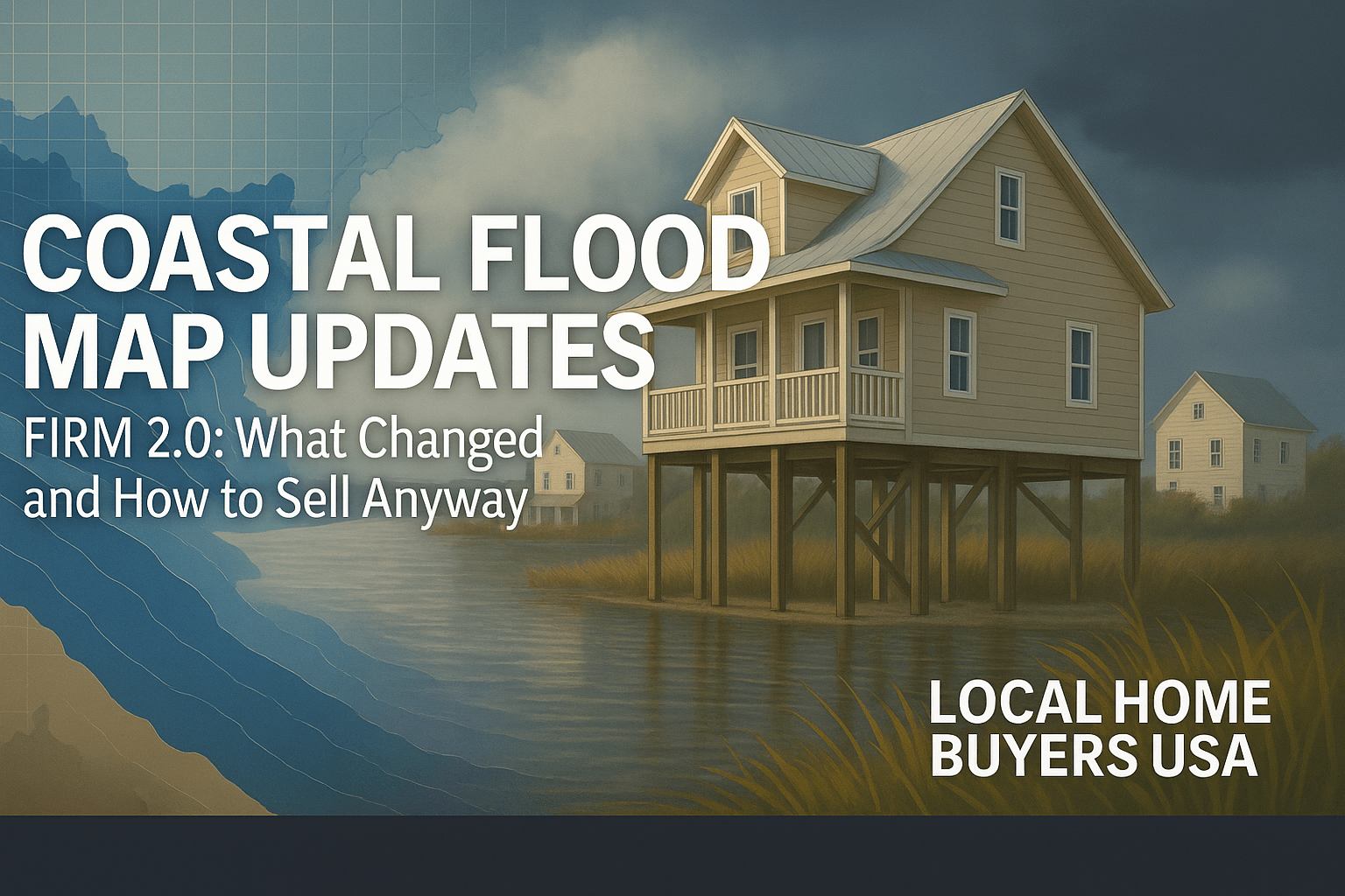 Coastal flood zone neighborhood with stilt homes and flood contours