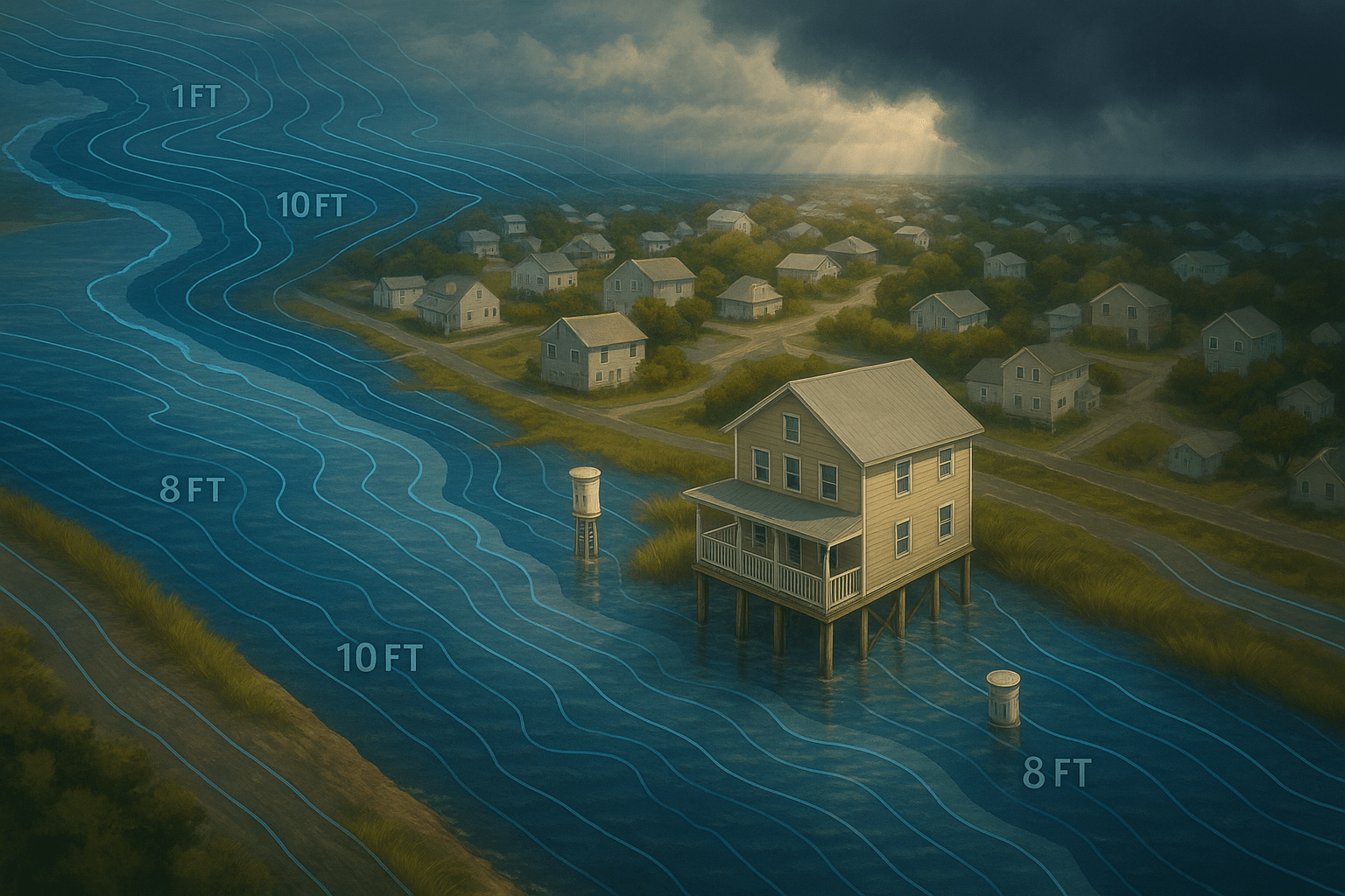 Aerial coastal town with elevation contours and tide markers