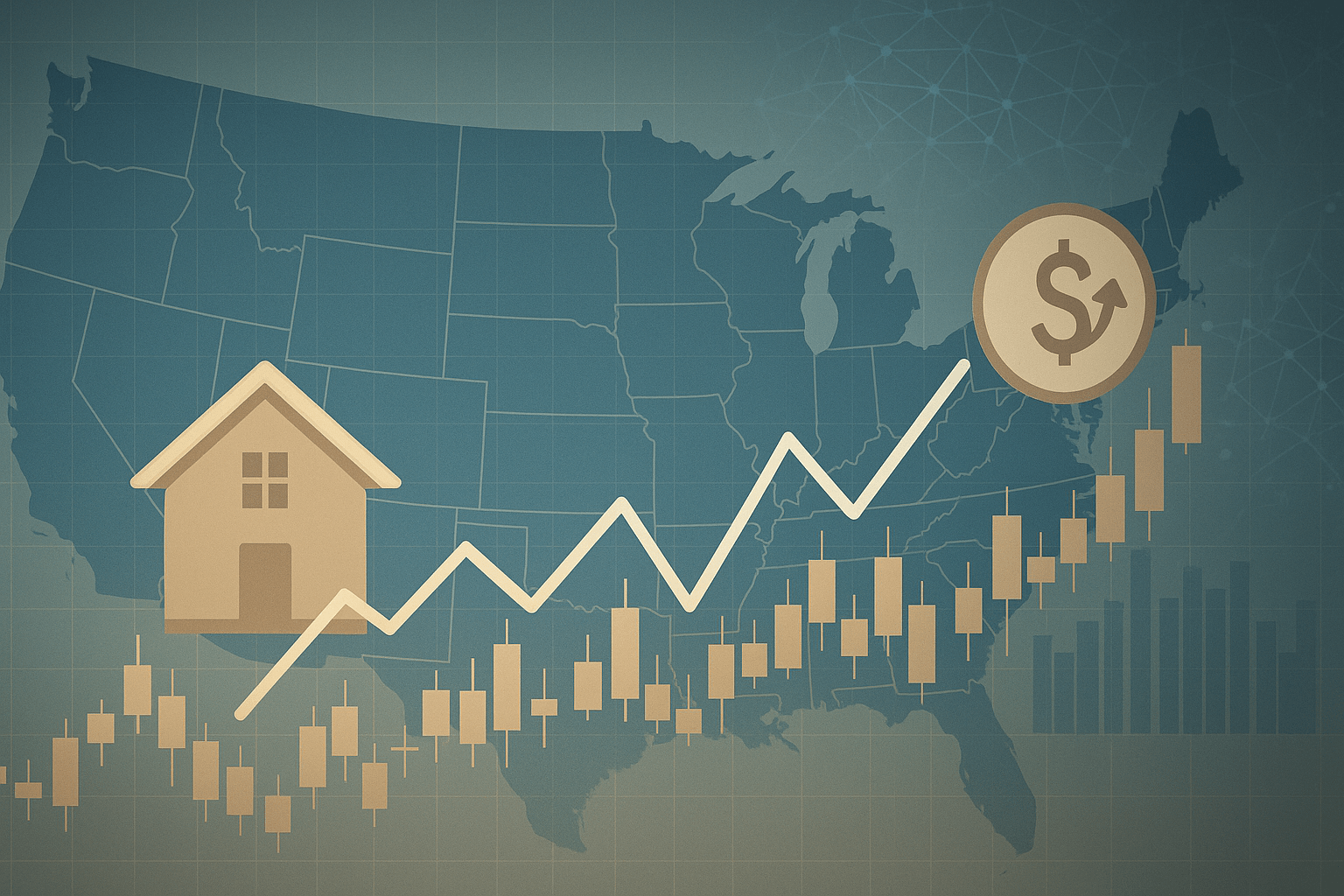 U.S. map with market divergence and AI valuation overlays