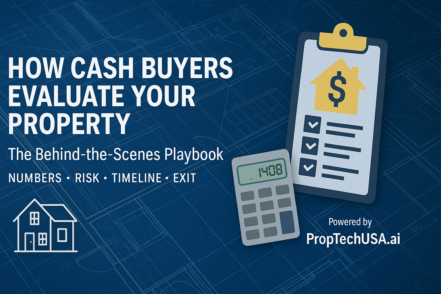 Cash buyer evaluation: floor plan clipboard, calculator and single-family home with data overlays