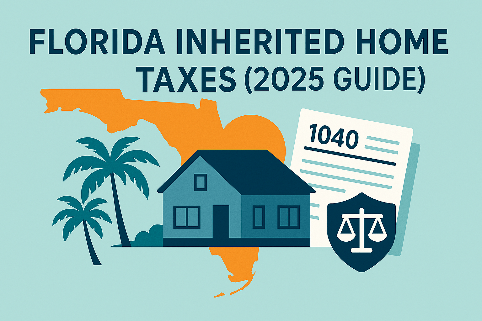 Florida inherited home taxes illustration—house, documents, and palm trees