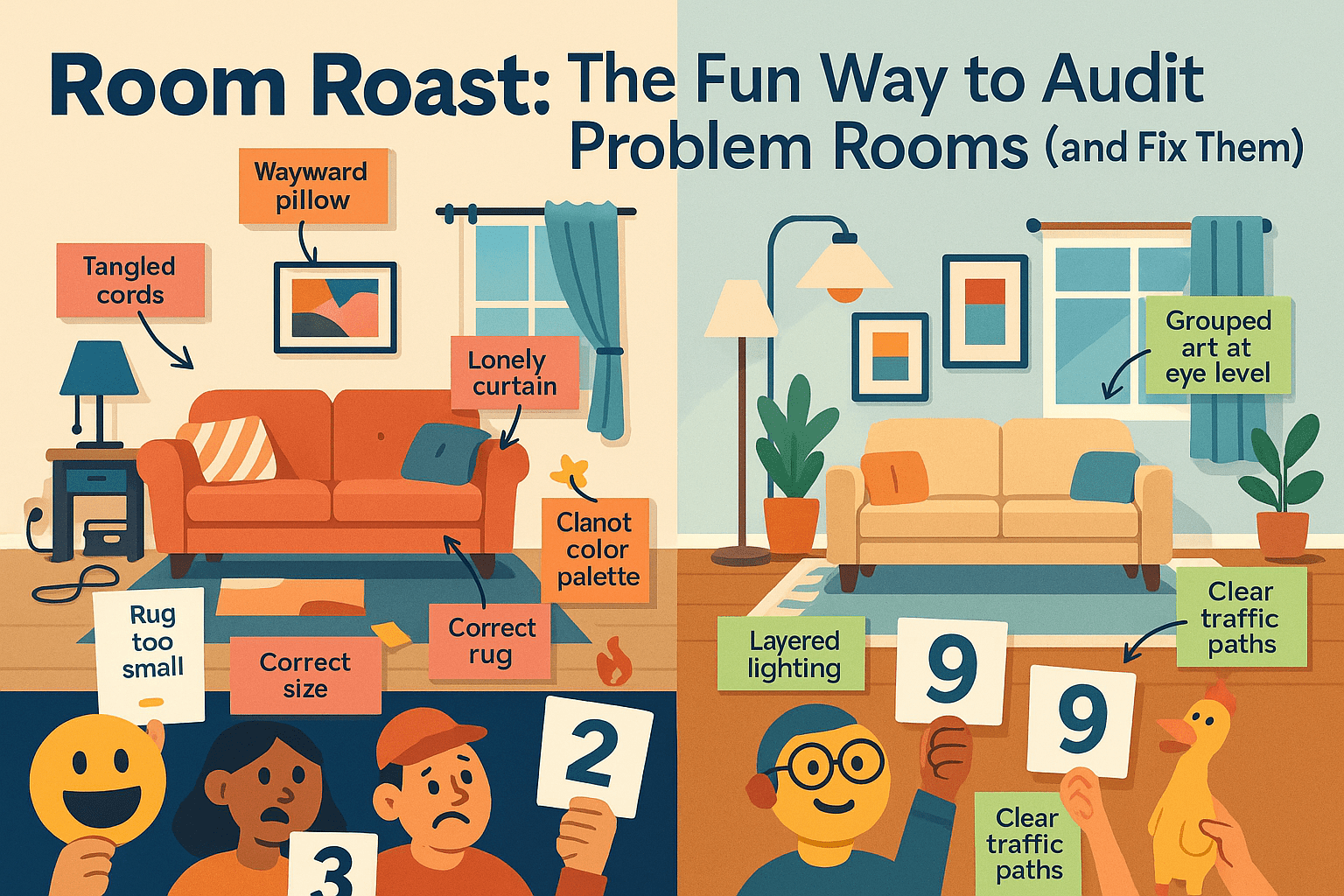 Playful illustration of a home interior with bold accents — featured image for Room Roast
