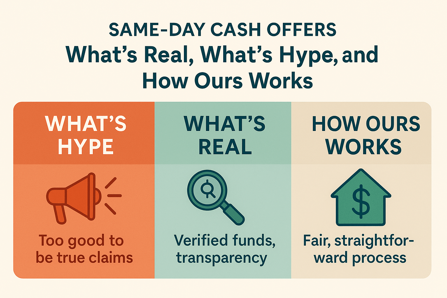 Simple visual showing inputs → underwriting → written offer → clear title → closing