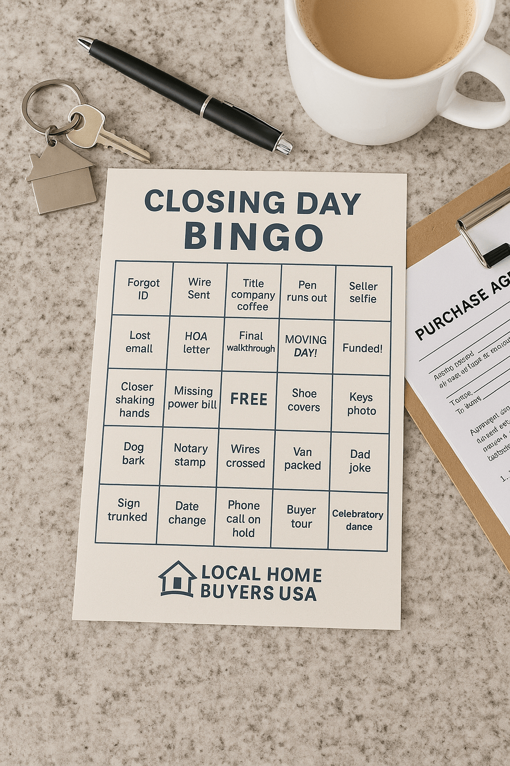 Smiling buyers holding keys on closing day with paperwork.