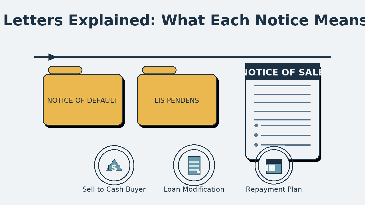 Animated pre-foreclosure timeline: warning → default → sale → resolution