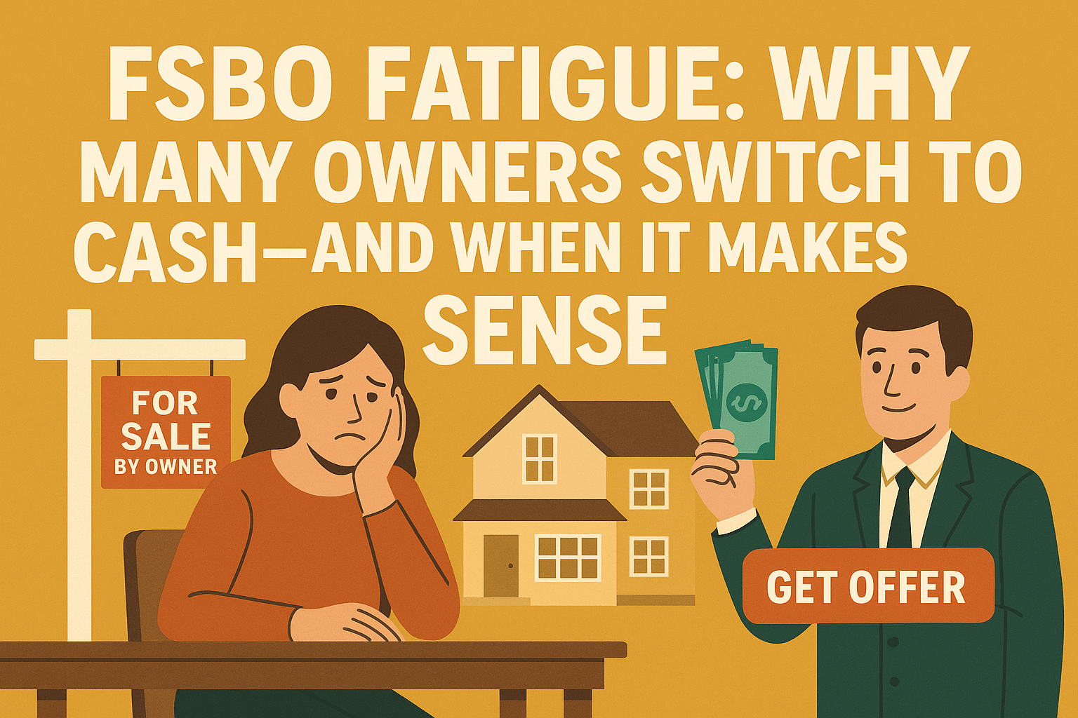 Homeowner evaluating FSBO route vs cash offer options on a laptop