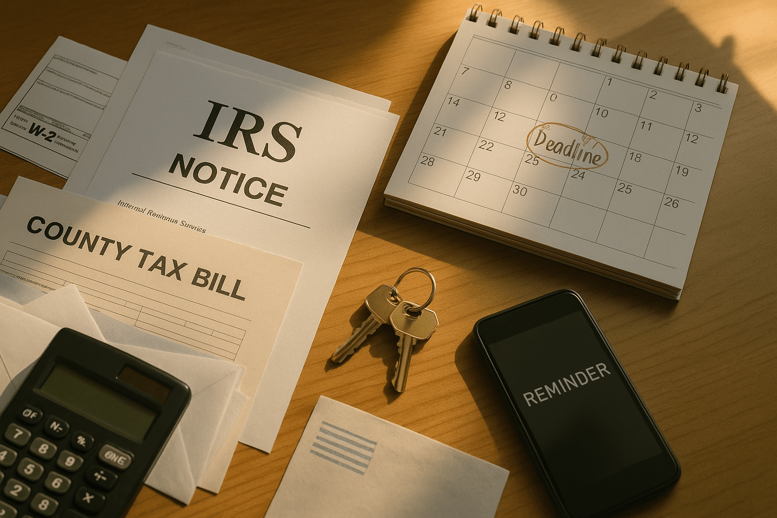 County tax office window with forms, calendar and payment plan notice