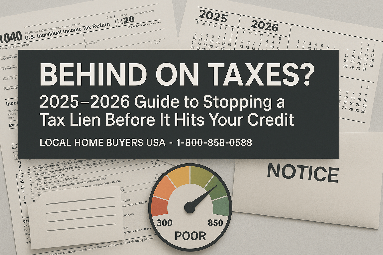 Tax documents, calendar marked 2025–2026, and credit score gauge
