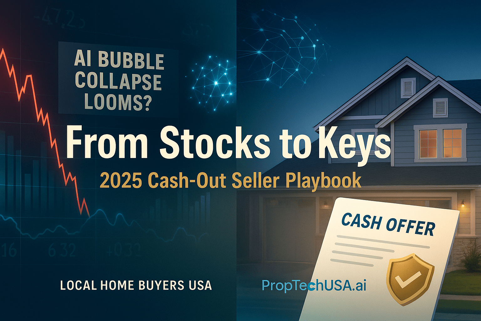 Contrasting visuals of stock market volatility and a calm suburban home at dusk