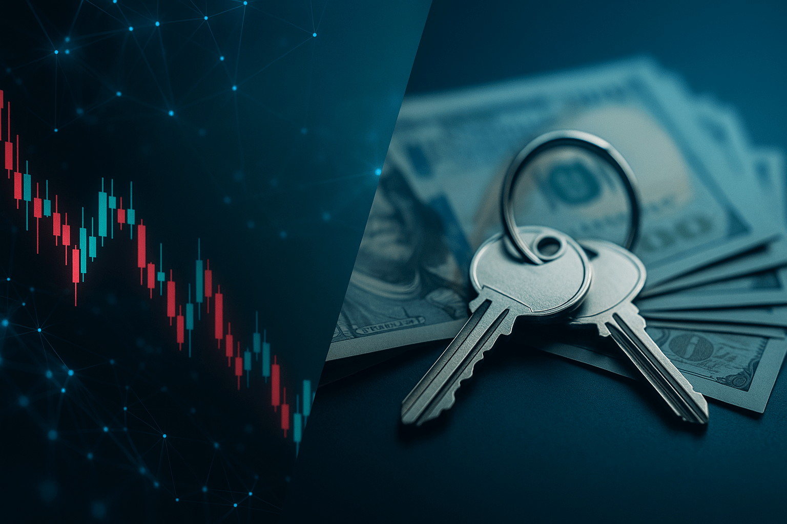 Abstract split screen of red market candles and house keys over US dollars