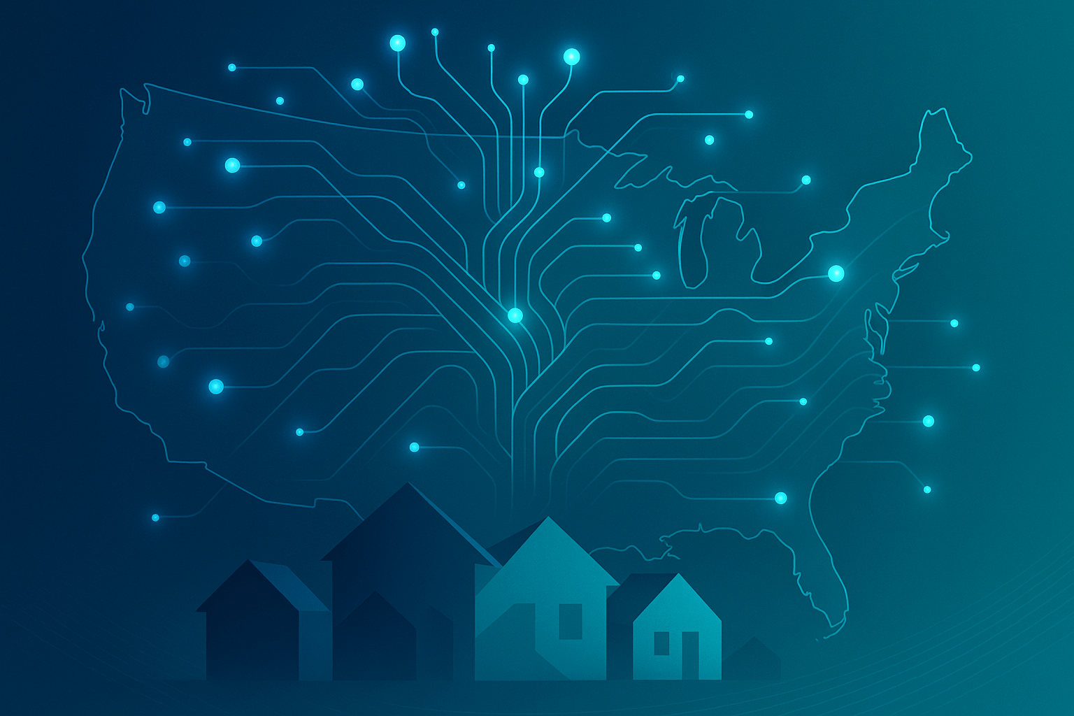 Glowing neural network over US map—tech meets homes.