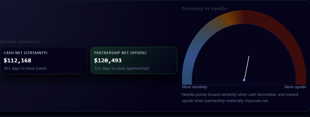 PropTechUSA.ai seller-facing offer summary showing final net number and options
