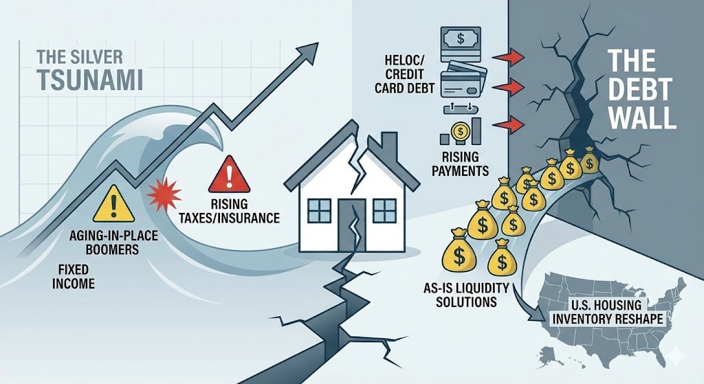 Chart style visualization of aging homeowners facing rising expenses and debt