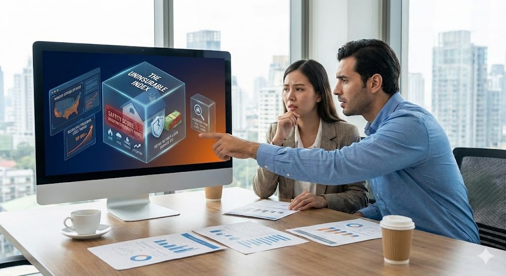 Dashboard visualization highlighting elevated Safety Score and insurability risk for a sample property