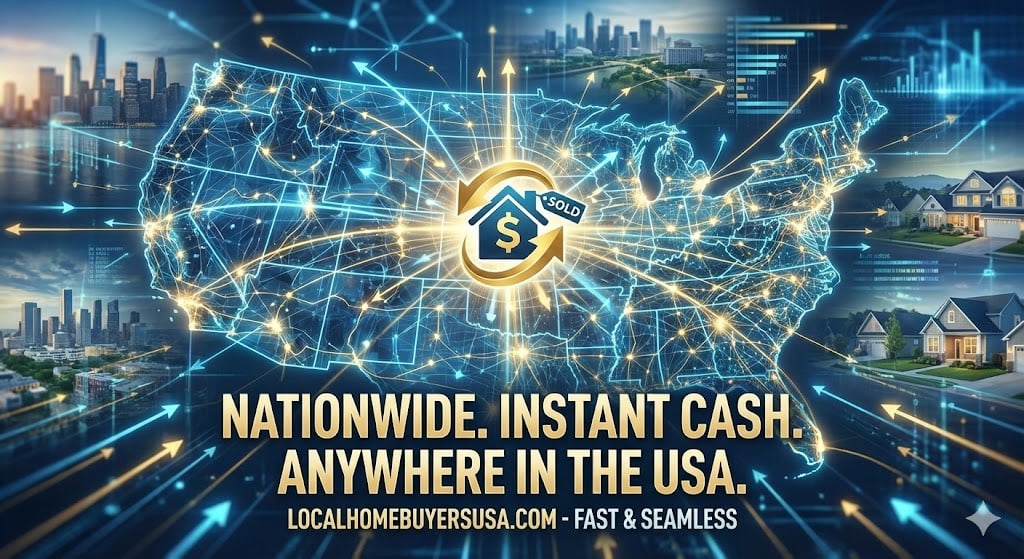 Nationwide we buy homes network visual with US map and property icons