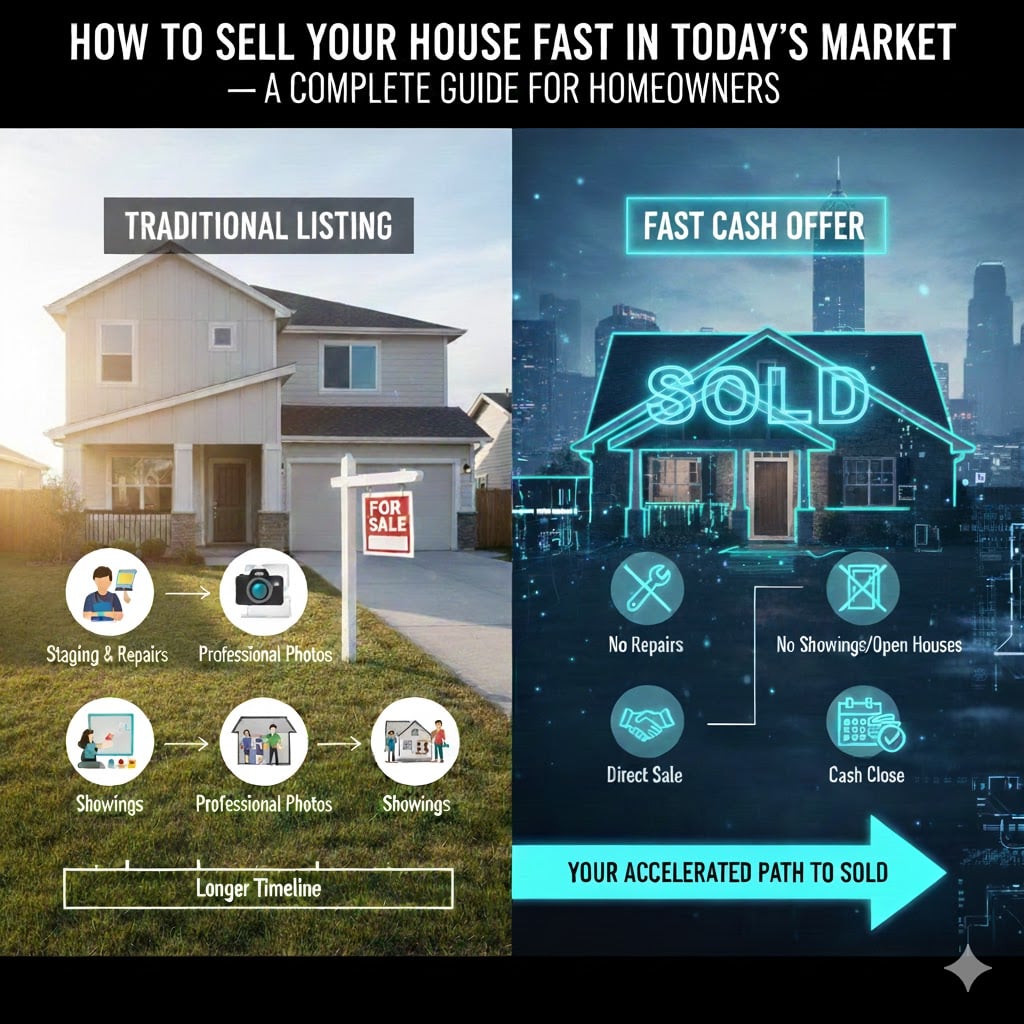 Futuristic real estate dashboard showing a seller using technology to sell a house fast