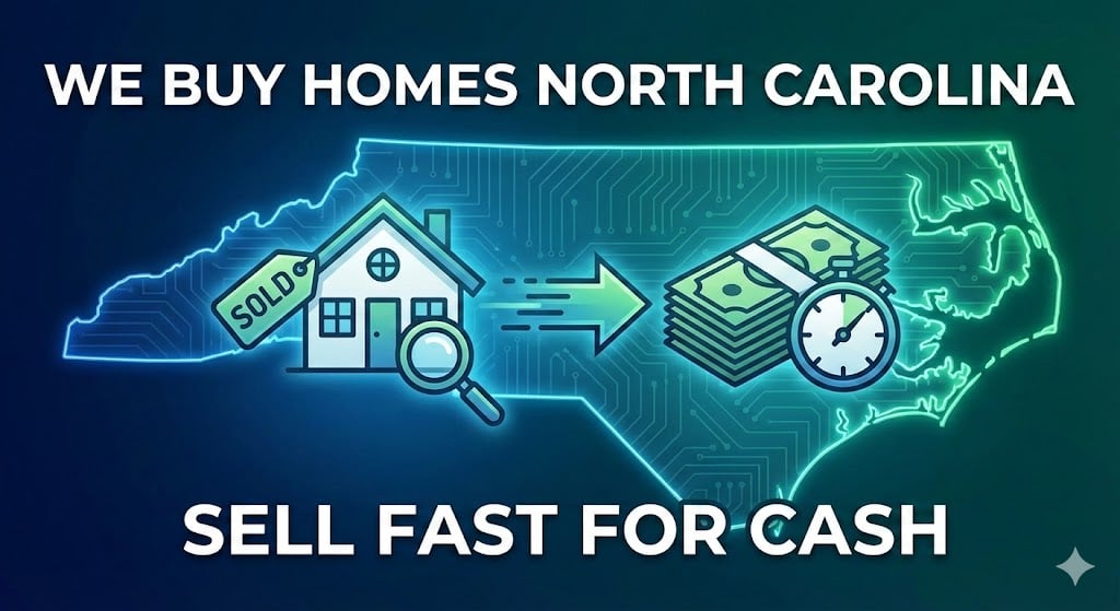 Futuristic North Carolina city skyline overlayed with home-selling data and cash offer indicators