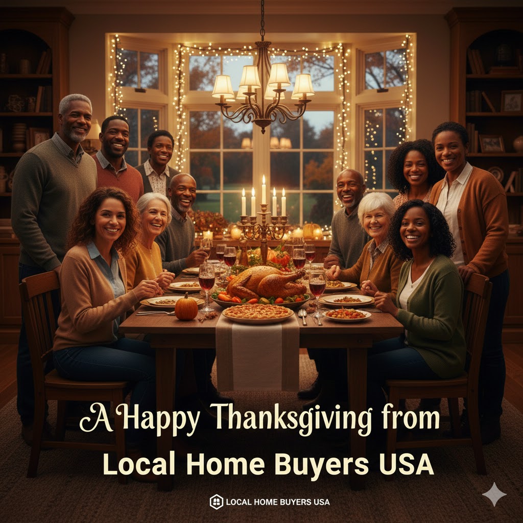 Warm Thanksgiving scene with a family gathered around the table, symbolizing homeowners finding relief and a fresh start.