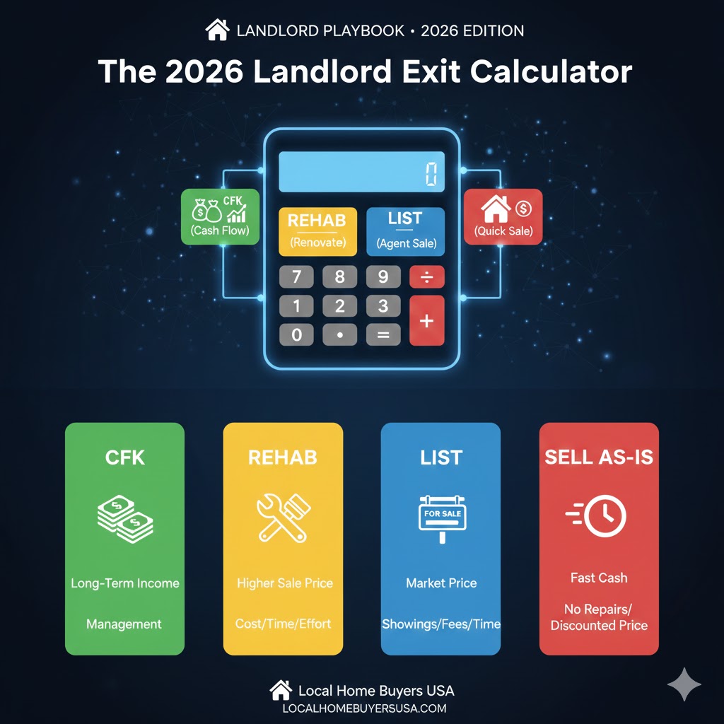 Landlord exit calculator comparing CFK, rehab, listing, and as-is cash sale