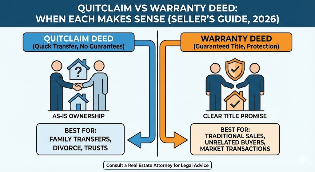 Bloomberg-style title & escrow dashboard overlaying a house, illustrating quitclaim vs warranty deed paths