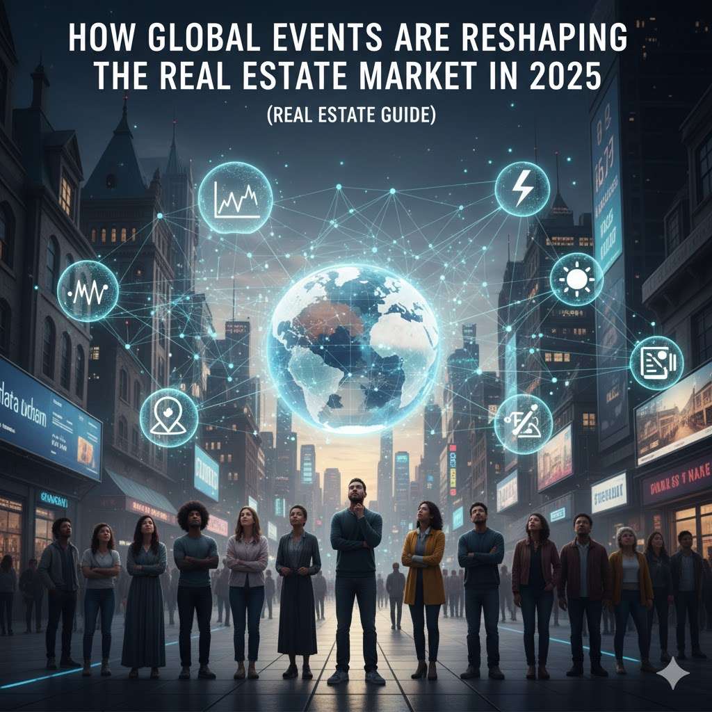 Global events and real estate market impact in 2025, with data charts and city skyline