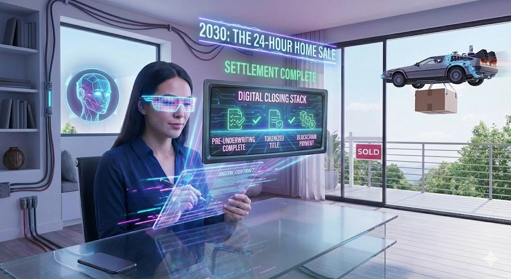 Futuristic digital home closing interface and blockchain settlement visualization