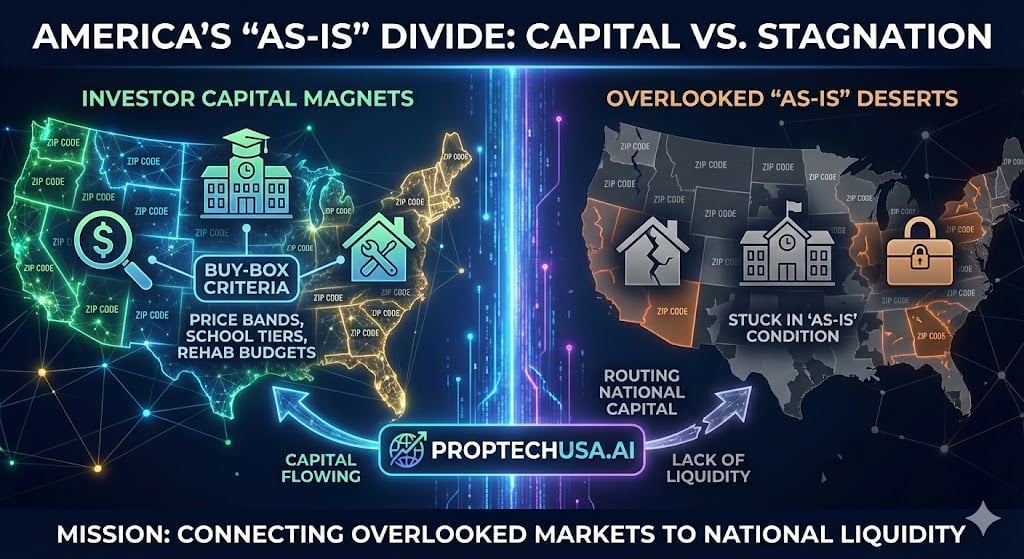 Data visualization of investor capital clustering across U.S. ZIP codes, highlighting as-is hot spots and deserts
