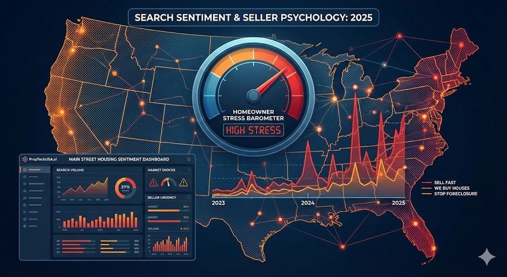 Search sentiment dashboard visualizing sell-my-house-fast trends and homeowner stress across U.S. markets