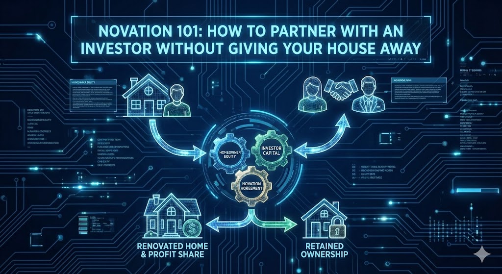 Homeowner and investor reviewing a modern real estate dashboard about novation partnerships