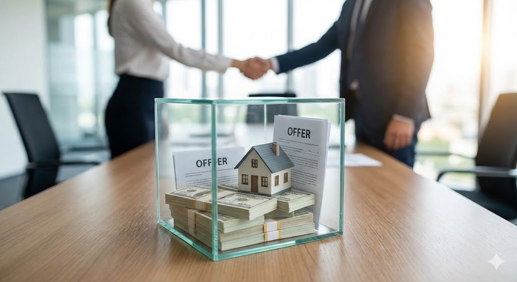 Bloomberg-style dark gradient visualization showing transparent cash and novation offer mechanics in a Glass Box model.